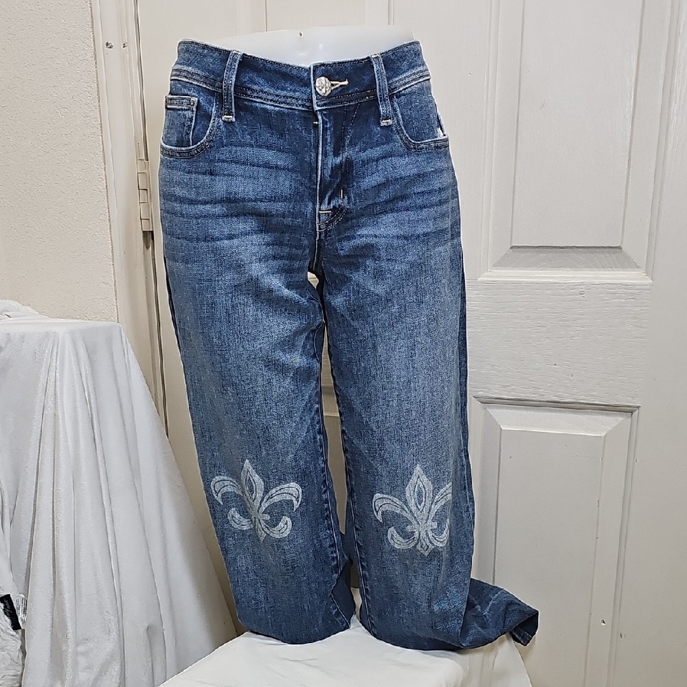 Miss Me Mid-Rise Slim Wide  Straight Leg Jeans with Fleur-de-Lis